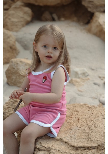 Dondurma Nakışlı Pembe Havlu Efektli Bebek,çocuk Alt Üst Takım – Yazlık %100 Pamuklu Takım fiyatları