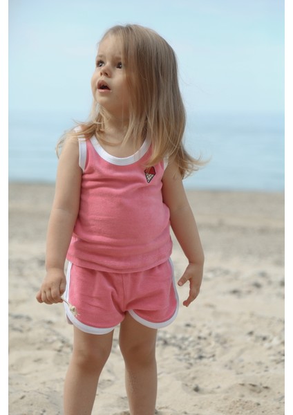 Dondurma Nakışlı Pembe Havlu Efektli Bebek,çocuk Alt Üst Takım – Yazlık %100 Pamuklu Takım modelleri