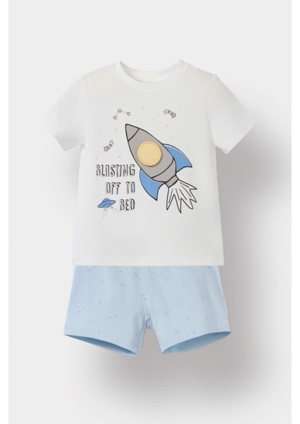 Erkek Bebek Pijama Takımı Uzay Baskılı Kısa Kollu Penye Üst Beli Lastikli Şort E4788A525HS