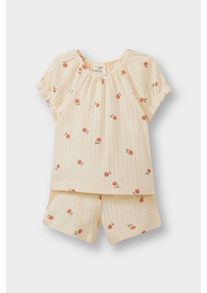 Kız Bebek Pijama Takımı Çiçekli Kısa Kollu Ribana Üst Beli Lastikli Şort E1552A525HS