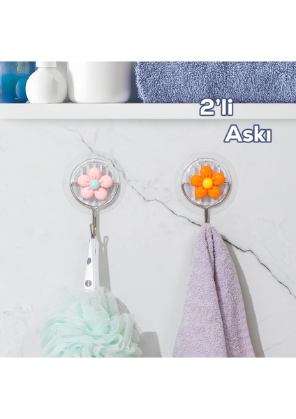 084 2 Adet Tekli Papatya Desenli Dekoratif Yapışkanlı Banyo Mutfak Elbise Askılığı Havlu Askılığı