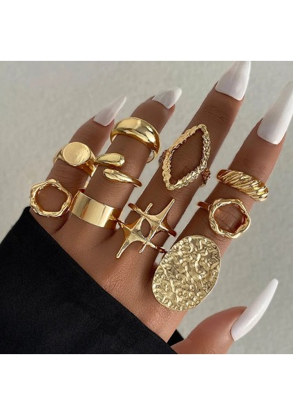 15PCS/SET Atılı Metal Düzensiz Çizgiler Su Damlacıkları Kadınlar Için Pürüzsüz Halkalar Punk Retro Boho Moda Takı Hediyesi Ana Taş Renk: 03 (Yurt Dışından)