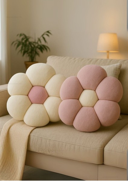 Peluş Papatya Dekoratif Yastık Kırlent Minder 2 Li Kaliteli Kumaş El Yapımı