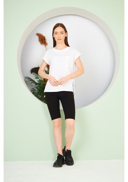 Kadın Yırtmaç ve Cep Detaylı T-Shirt