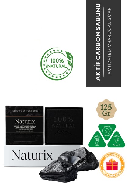 Natural Kömür Sabunu Yoğun Nemlendirici Aktif Karbon Sebum Dengeleyici Arındırıcı Charcoal Soap 125GR