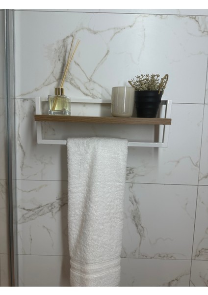 Defne Banyo Ahşap Raflı Metal Havlu, Şal Askılık