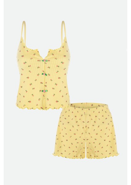 Kadın Ince Askılı Çiçekli Fiyonklu Pamuklu Şortlu Pijama Takımı