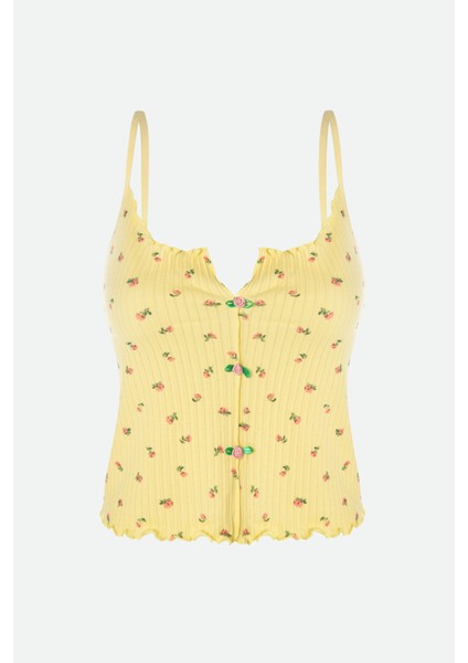 Kadın Ince Askılı Çiçekli Fiyonklu Pamuklu Şortlu Pijama Takımı