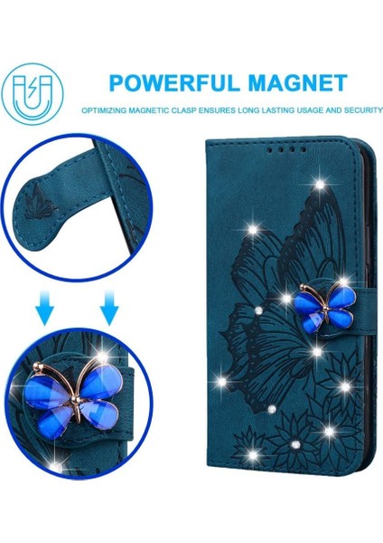 Elmas ile IPhone 16E Deri Cüzdan Büyük Kelebek Flip Case (Yurt Dışından)