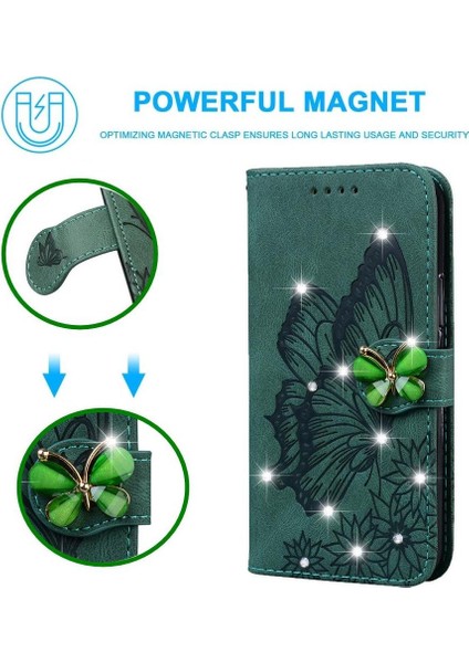 Elmas ile IPhone 16E Deri Cüzdan Büyük Kelebek Flip Case (Yurt Dışından)