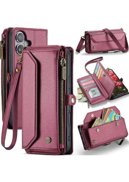 IPhone 16 Plus Vaka Cüzdan Fermuar Faturaları Yuvası Kartı Crossbody Flip Case (Yurt Dışından)