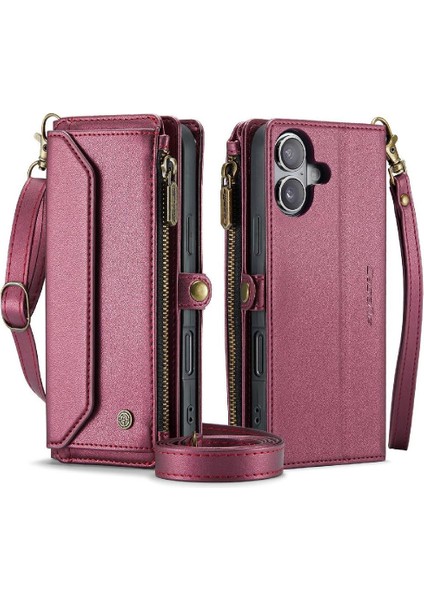 IPhone 16 Plus Vaka Cüzdan Fermuar Faturaları Yuvası Kartı Crossbody Flip Case (Yurt Dışından)
