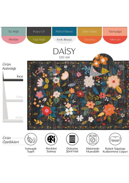 Daisy Siyah Halı Dekoratif Çiçekli Tasarım Otantik Ince Yazlık Yıkanabilir Dokuma Şönil Salon Halısı fiyatları
