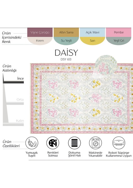Daisy Krem Pembe Bohem Halı Dekoratif Vintage Otantik Çiçekli Ince Yazlık Yıkanabilir Şönil Halı fiyatları