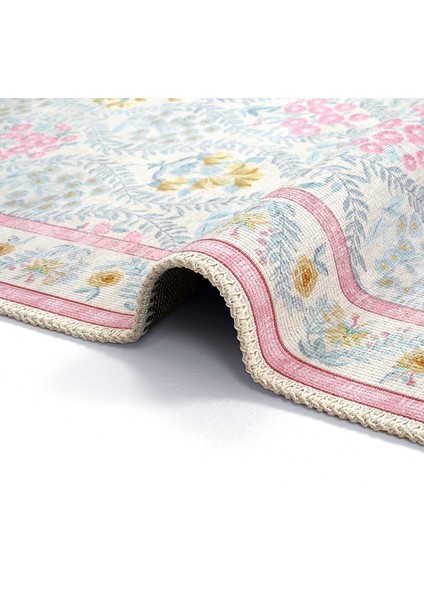 Daisy Krem Pembe Bohem Halı Dekoratif Vintage Otantik Çiçekli Ince Yazlık Yıkanabilir Şönil Halı