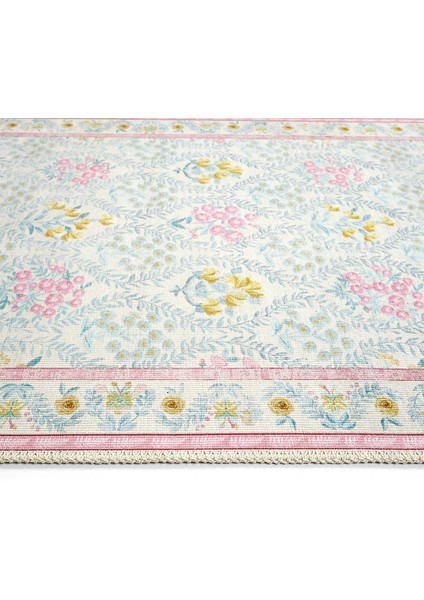Daisy Krem Pembe Bohem Halı Dekoratif Vintage Otantik Çiçekli Ince Yazlık Yıkanabilir Şönil Halı