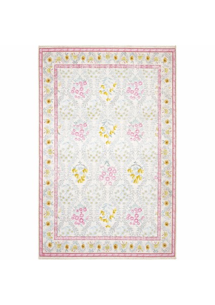 Daisy Krem Pembe Bohem Halı Dekoratif Vintage Otantik Çiçekli Ince Yazlık Yıkanabilir Şönil Halı