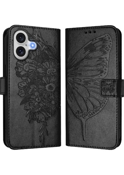 IPhone 17 Premium Deri Kapak Kapak Manyetik Kabartma Kelebek Kılıf (Yurt Dışından)