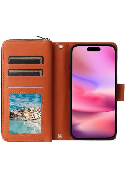 IPhone 15 Pro Cüzdan Kılıf Bilek Kayışı 9 Kart Tutucu Pu ile Uyumlu (Yurt Dışından)