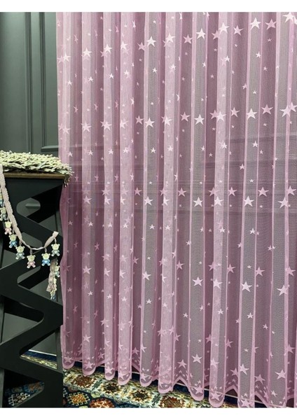 Pembe Yıldızlı Kız Çocuk Odası Tül Perdesi Pudra Bebek Perdesi Pileli