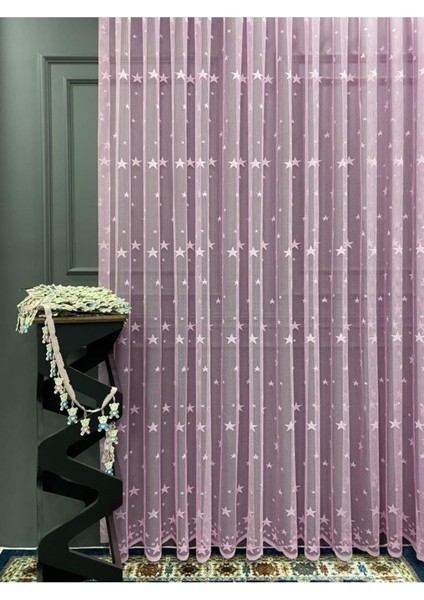 Pembe Yıldızlı Kız Çocuk Odası Tül Perdesi Pudra Bebek Perdesi Pileli modelleri