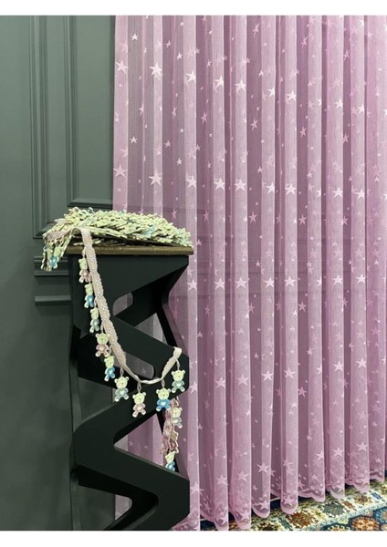 Pembe Yıldızlı Kız Çocuk Odası Tül Perdesi Pudra Bebek Perdesi Pileli