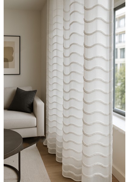 Belenay Tül Perde, Ekru Kırık Beyaz, Sık Pile , Saçak, Puf, Püsküllü, Zikzak Desenli Dalgalı