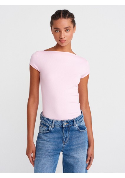 31855 Kayık Yaka T-Shirt-Açık Pembe