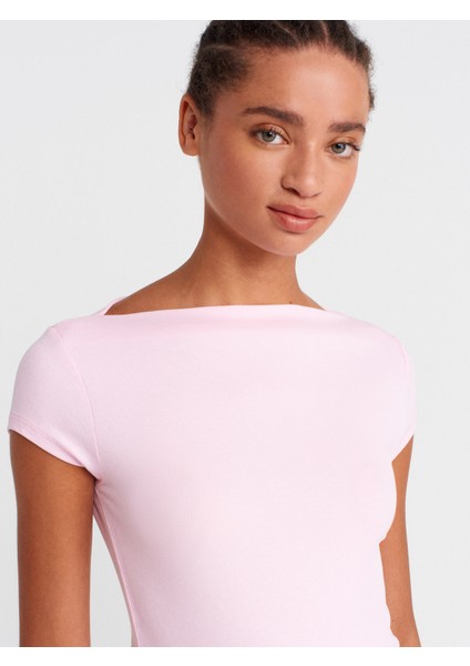 31855 Kayık Yaka T-Shirt-Açık Pembe modelleri
