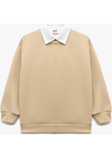 Yeni Sezon Uzun Kollu Gömlek Yaka Detaylı Pamuklu Basic Sweatshirt