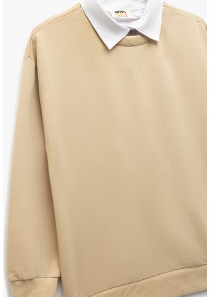 Yeni Sezon Uzun Kollu Gömlek Yaka Detaylı Pamuklu Basic Sweatshirt