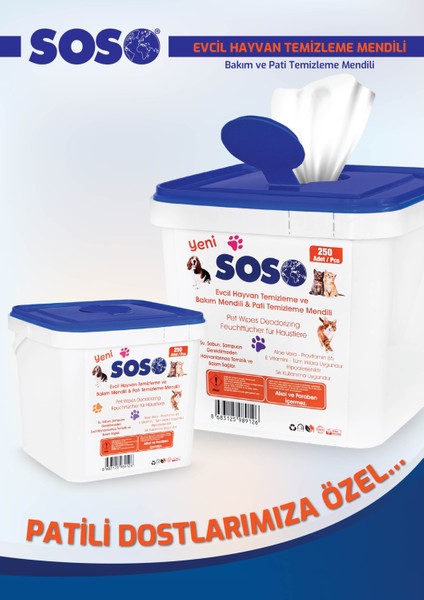 2 Adet x 250 Yaprak - Soso Kova Evcil Hayvan Kedi Köpek Pati ve Vücut Temizleme Mendili Drstr