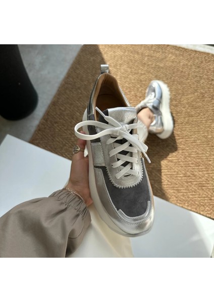 Hakiki Deri Gümüş-Gri Garni Sneakers
