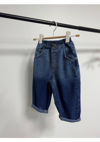 Unısex Erkek Kız Çocuk Pantolon Mavi Çift Renkli Beli Lastikli Baloon Denim Jeans
