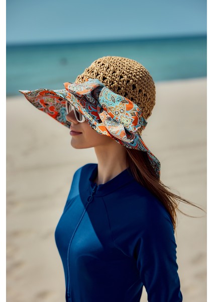 Şal Desen Kumaş ve Örme Şapka Güneş Koruyucu Plaj Şapkası RŞ-2109 Camel fiyatları