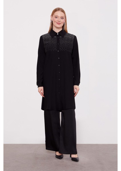 Siyah Omzu Kare Taşlı Tunik fiyatları