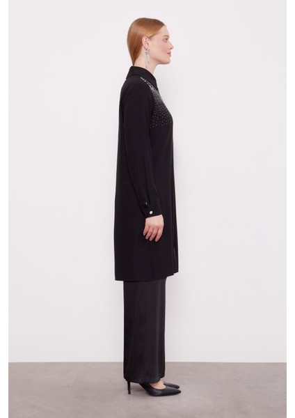 Siyah Omzu Kare Taşlı Tunik modelleri