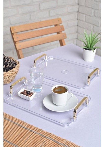 Gold Kulplu Türk Kahvesi Sunum Tepsisi | 2'li Şık Set 25X17CM