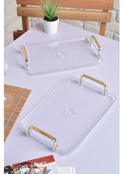 Gold Kulplu Türk Kahvesi Sunum Tepsisi | 2'li Şık Set 25X17CM