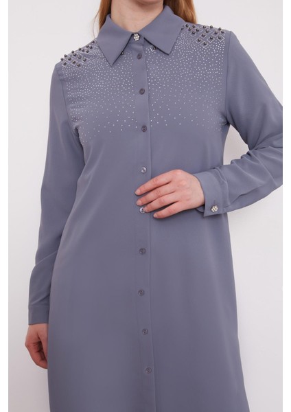 Antrasit Omzu Kare Taşlı Tunik