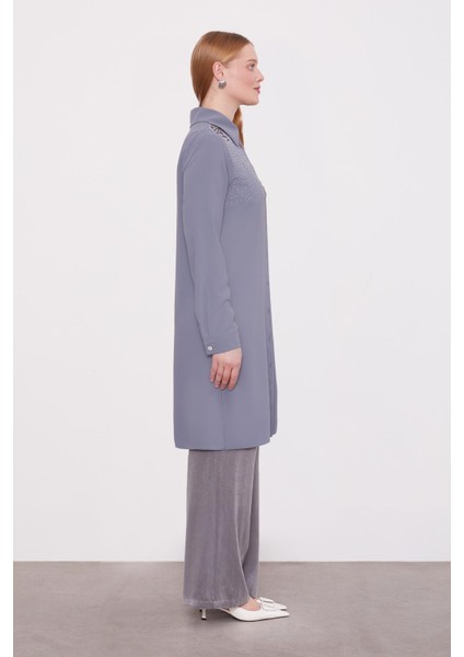 Antrasit Omzu Kare Taşlı Tunik modelleri