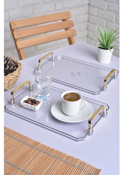 Gold Kulplu Türk Kahvesi Sunum Tepsisi | 2'li Şık Set 25X17CM