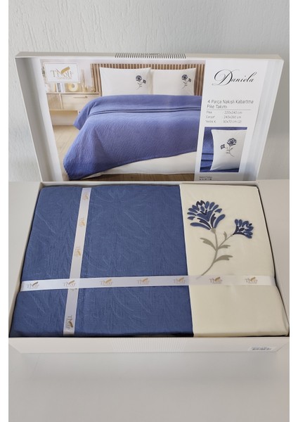 Tivoli Nakışlı Pike Takımı- Jakarlı Pike Yatak Örtüsü-Daniela-Indigo modelleri