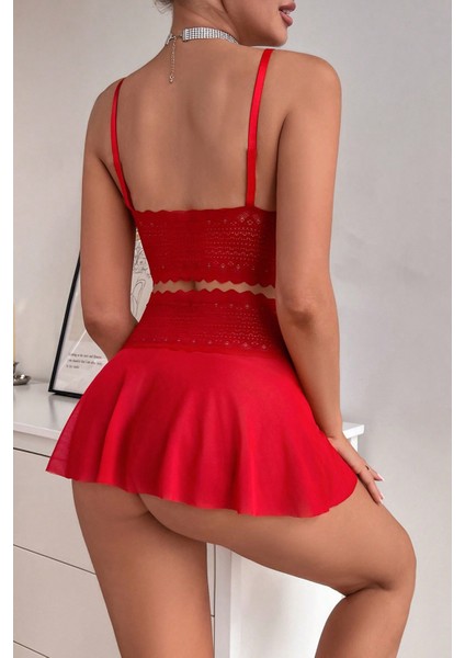 Kadın Kırmızı Dantel ve Tül Detaylı Etekli Şık Gecelik Takımı fiyatları