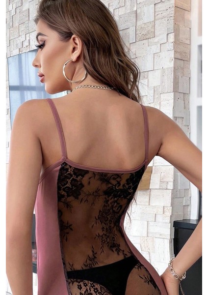 Kadın Pudra Sırt Kısmı Komple Dantelli Mini Gecelik