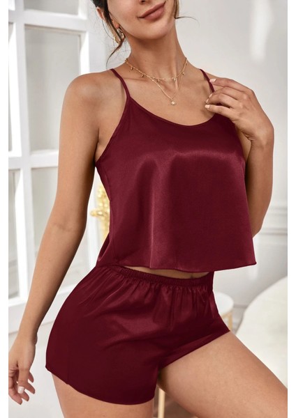 Kadın Bordo Asimetrik Sırt Dekolte Detaylı Şık Şortlu Gecelik Takım indirimleri