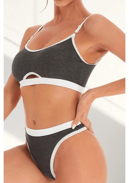 Kadın Gri Antrasit Kaşkorse ve Beyaz Lastikli Cut-Out Tanga Külotlu Takım
