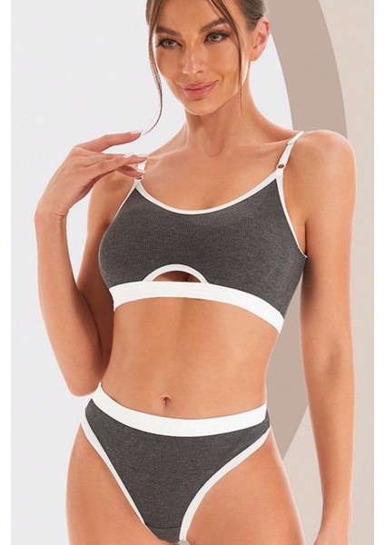 Kadın Gri Antrasit Kaşkorse ve Beyaz Lastikli Cut-Out Tanga Külotlu Takım fiyatları
