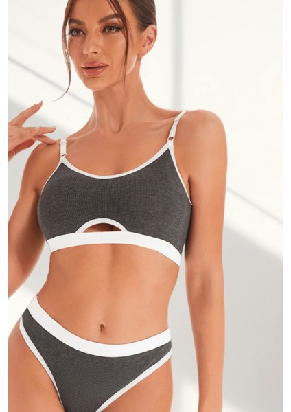 Kadın Gri Antrasit Kaşkorse ve Beyaz Lastikli Cut-Out Tanga Külotlu Takım modelleri