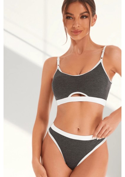 Kadın Gri Antrasit Kaşkorse ve Beyaz Lastikli Cut-Out Tanga Külotlu Takım fırsatları